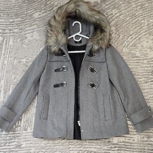 Vici Wool Blend Gray Coat with Faux Fur Hood